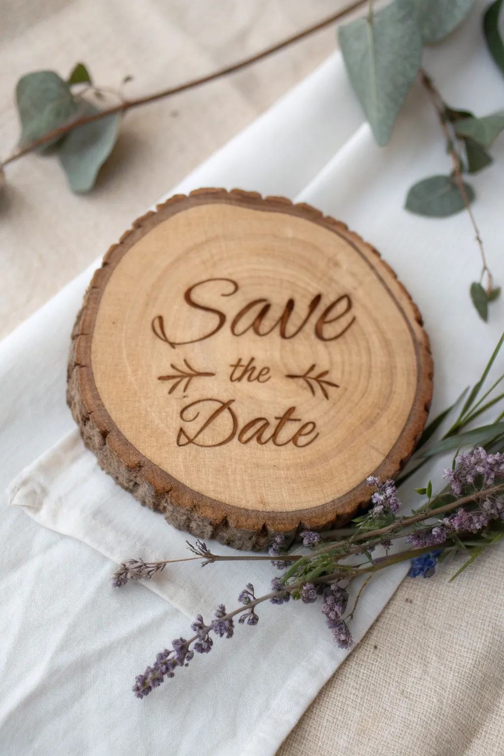 Capture the essence of rustic elegance with DIY wood slice save-the-dates.
