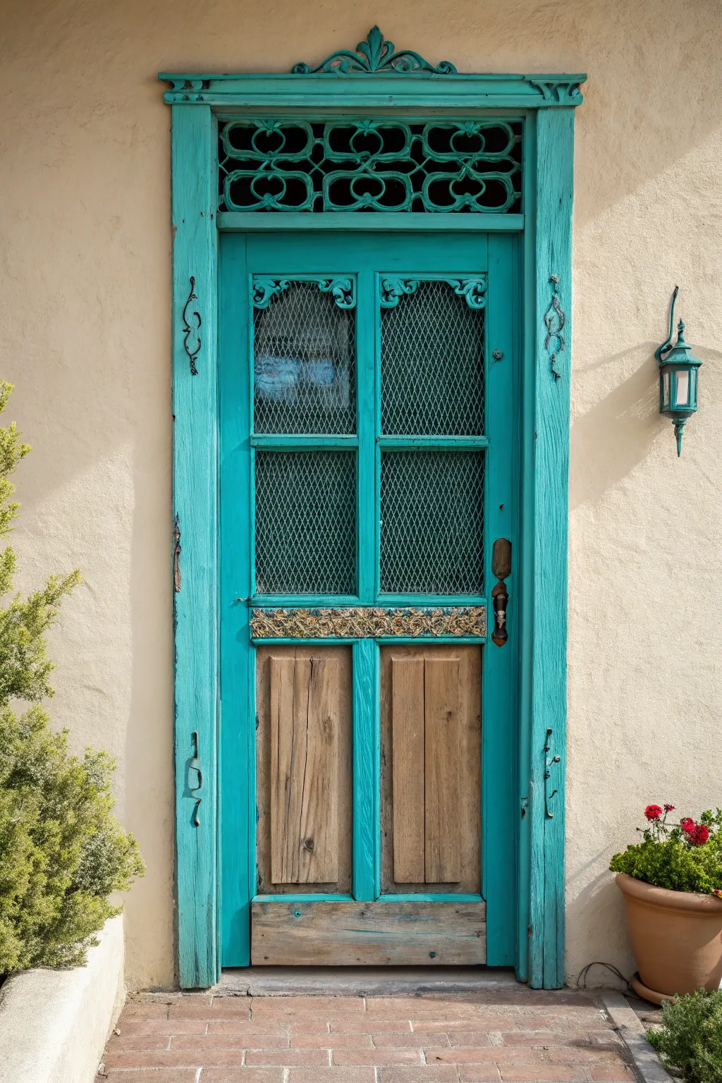 Transform your entryway with a bold turquoise screen door that exudes craftsmanship and style.