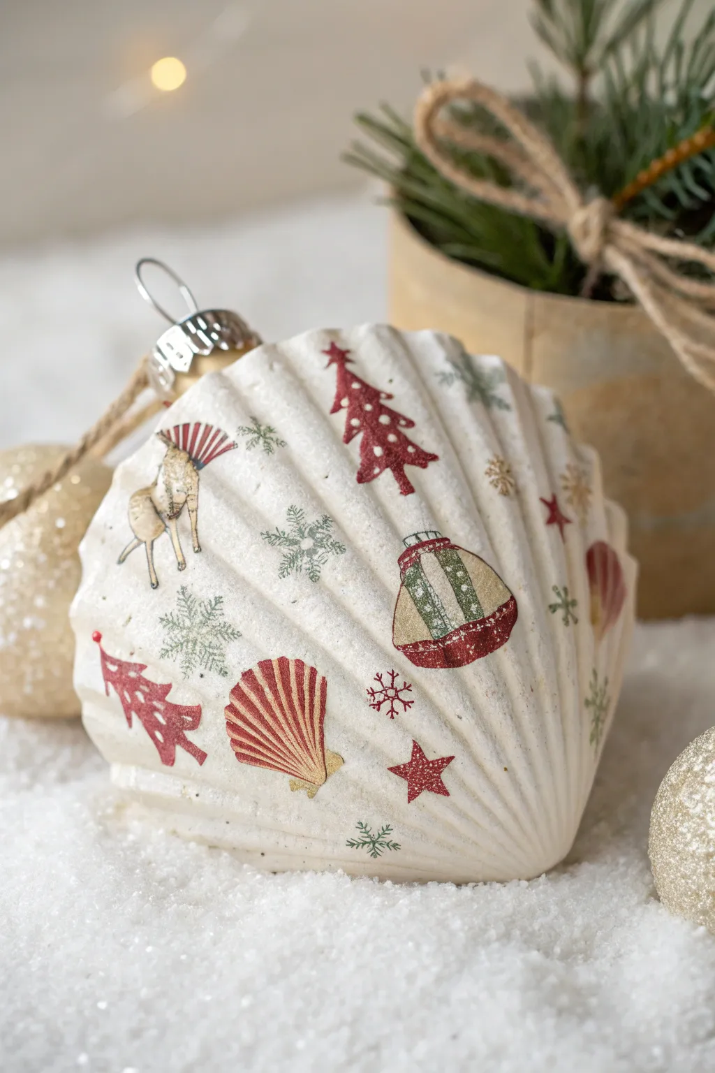Elevate your holiday decor with this stunning DIY decoupage seashell ornament, where simplicity meets sparkle.