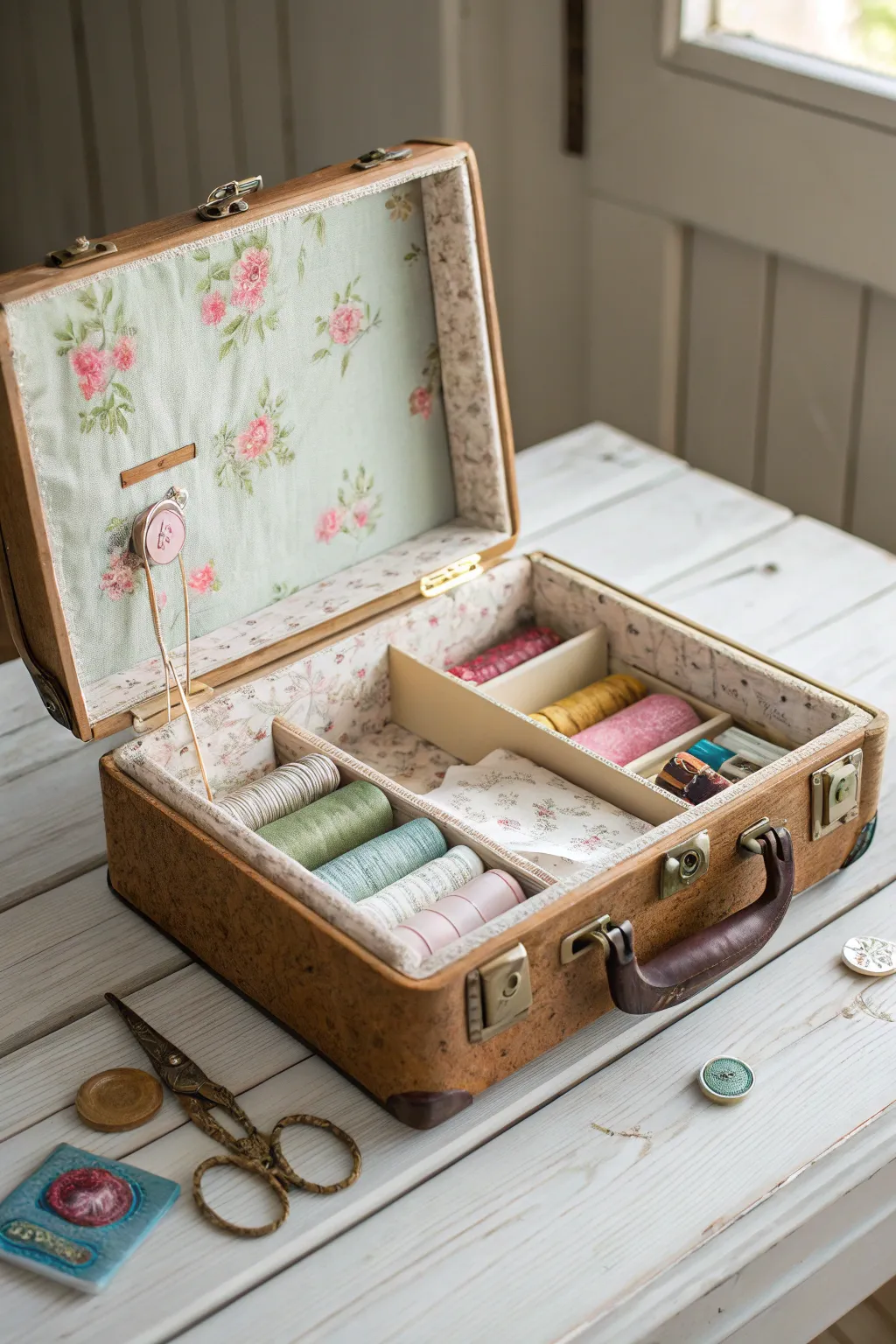 Transform nostalgia into function with a vintage suitcase sewing box – where style meets simplicity.