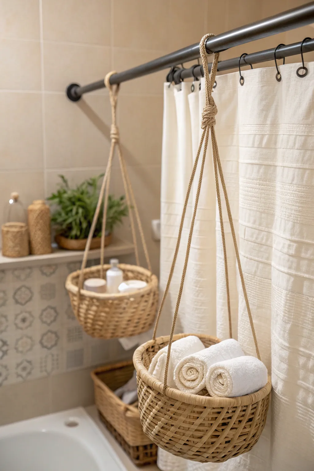 Transform your shower with a touch of Scandinavian elegance and boho charm using this simple tension rod basket idea!