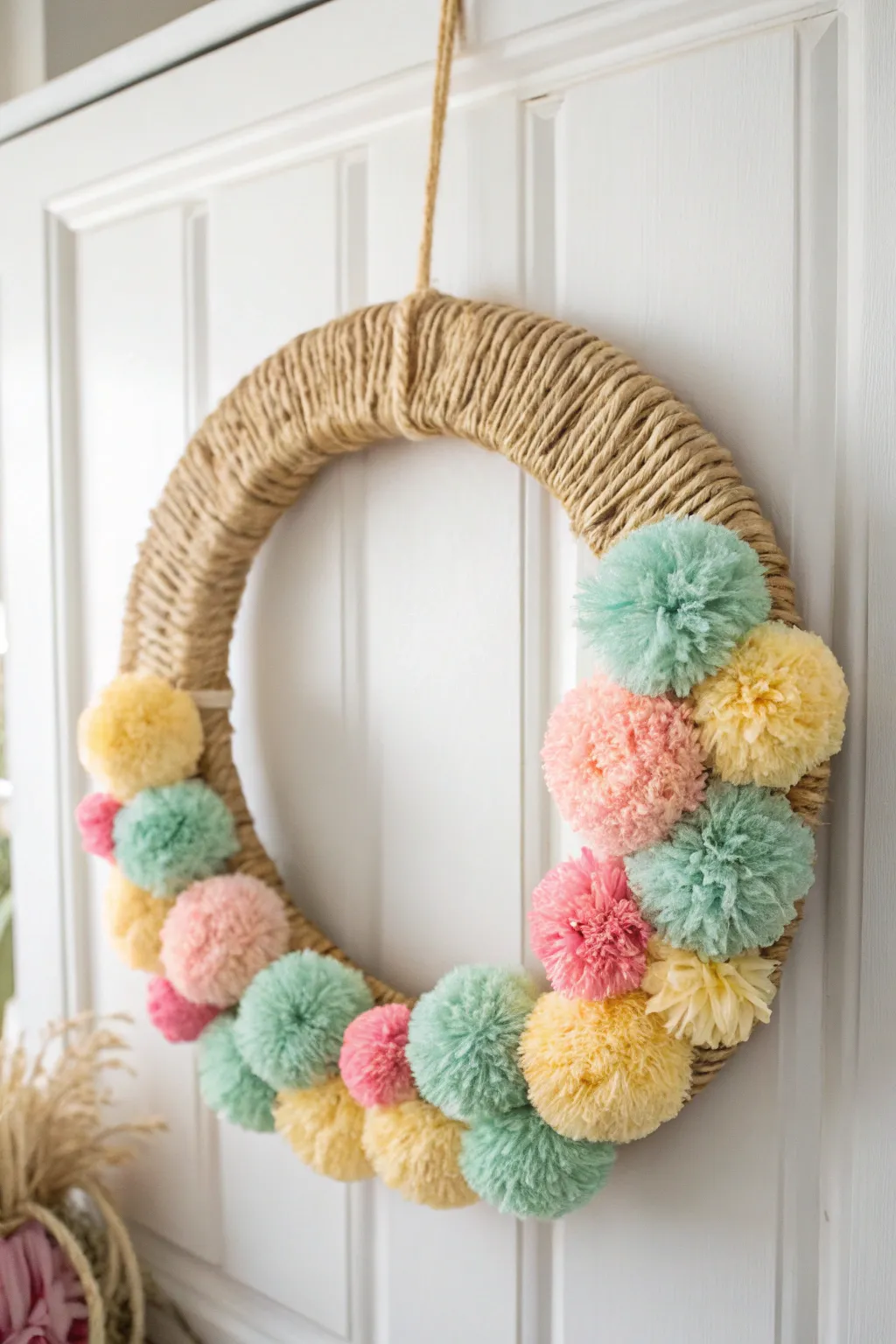 Brighten your entryway with a charming Raffia Rainbow wreath—where simplicity meets cheerful craftsmanship.