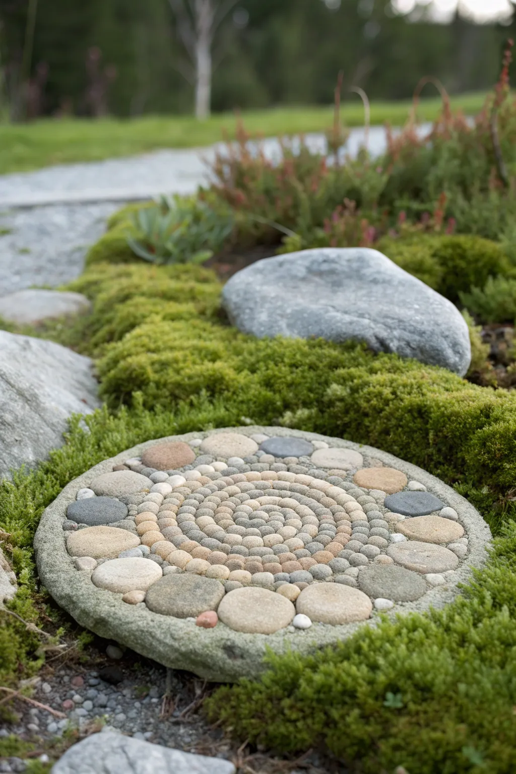 Step into nature's art with handcrafted pebble patterns.
