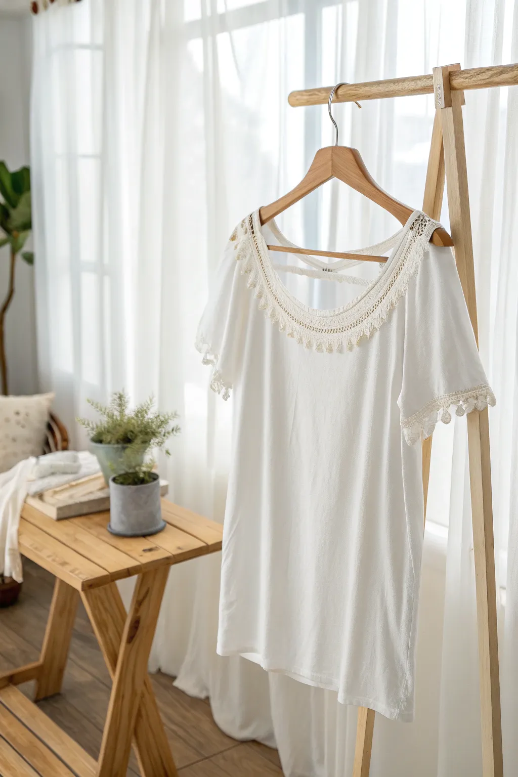 Embrace effortless boho chic with this DIY off-the-shoulder T-shirt transformation.