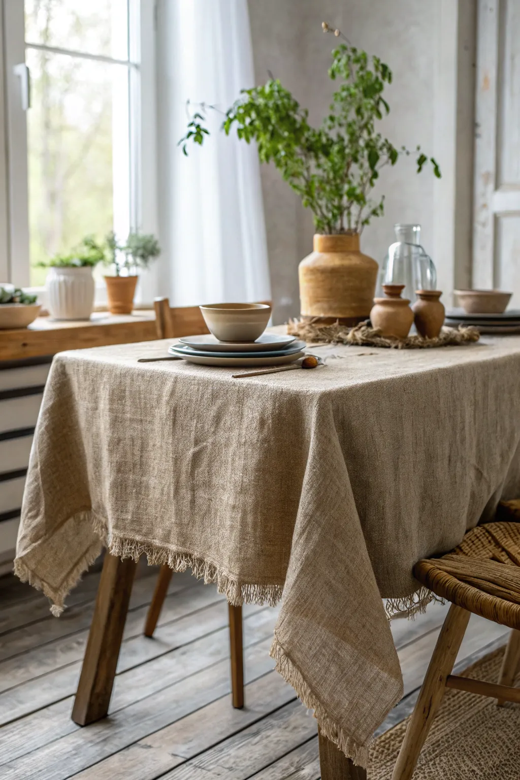 Transform your dining space with a rustic burlap table cover, where simplicity meets natural elegance.