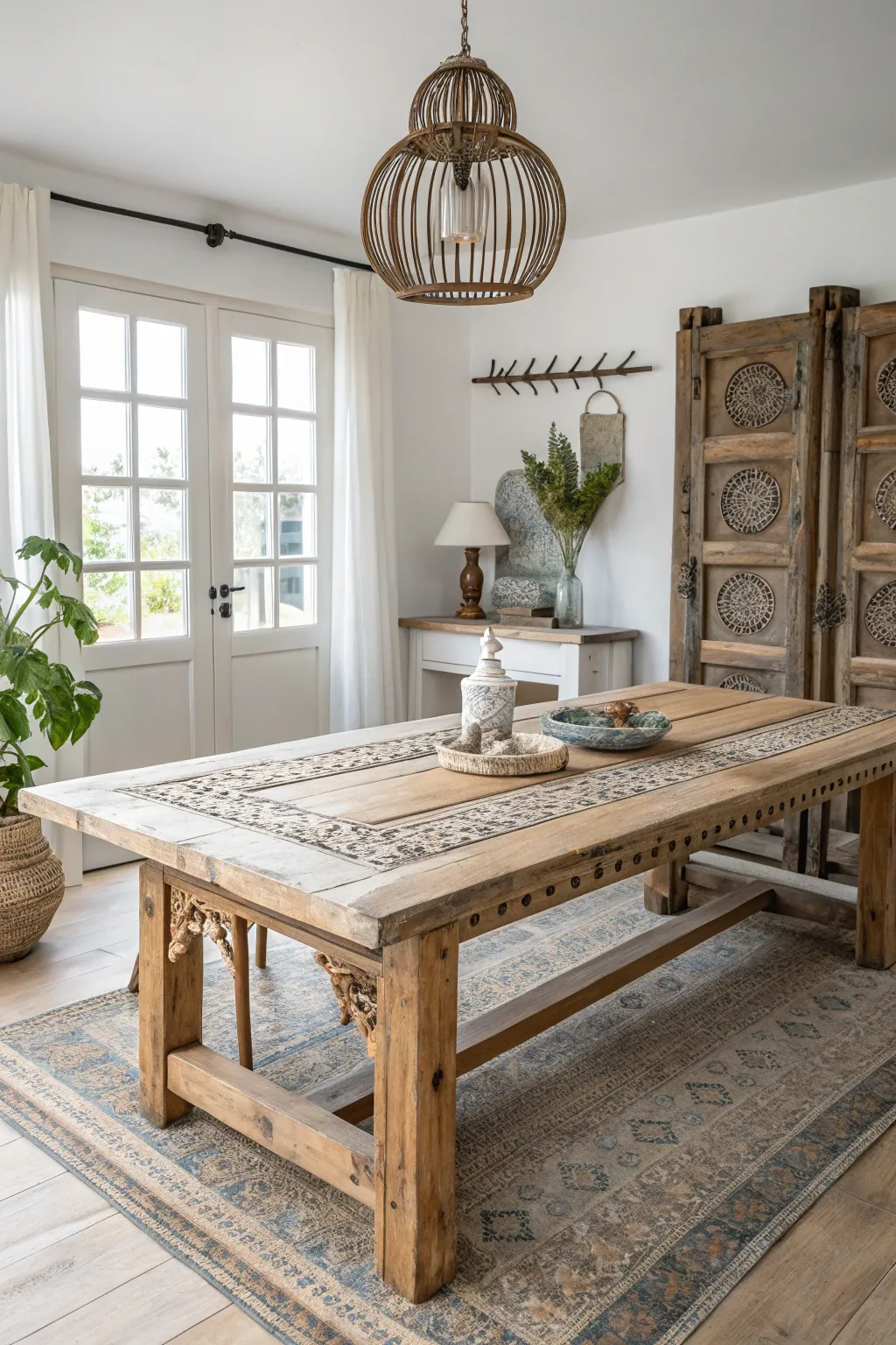 Elevate your dining space with this charming DIY table made from a vintage door, where craftsmanship meets simplicity.