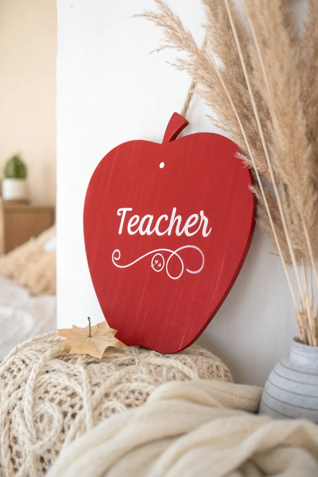 Add a touch of charm to any classroom with this beautifully crafted apple-themed teacher sign.