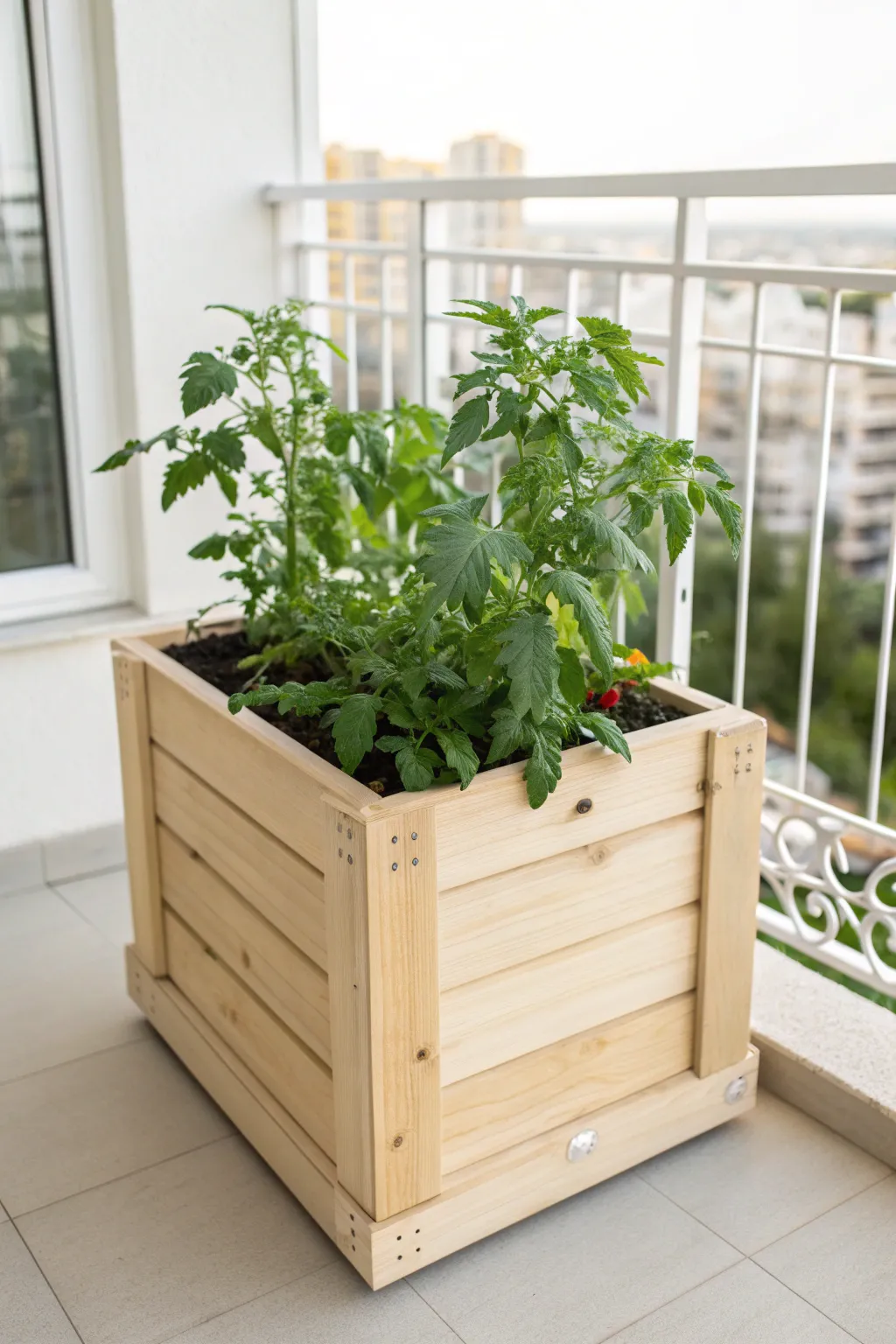 Elevate your small space with a chic and compact tomato planter box, perfect for fresh balcony harvests in style.