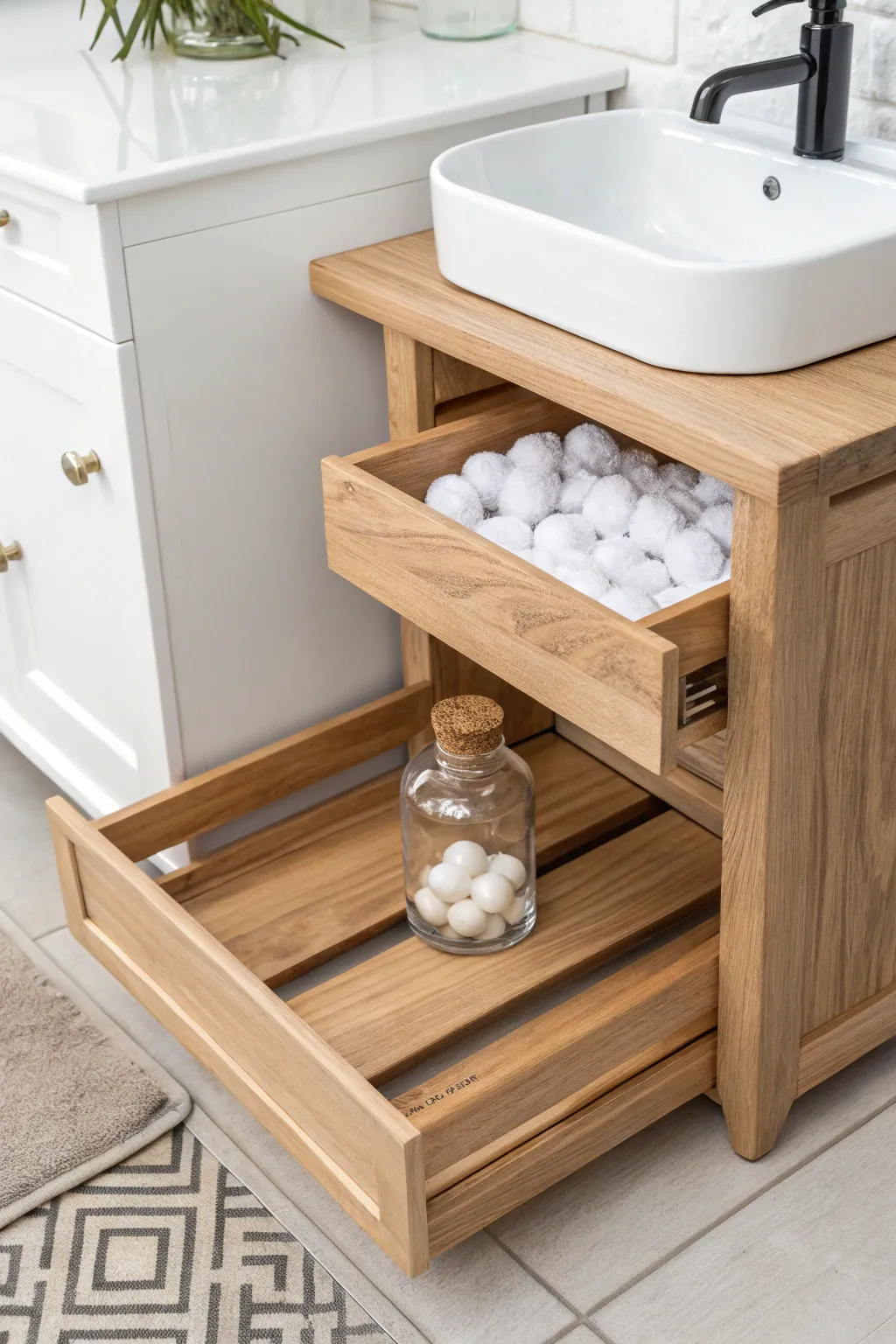 Elevate your bathroom storage with this chic and functional pull-out shelf, blending minimalist design with natural elegance.
