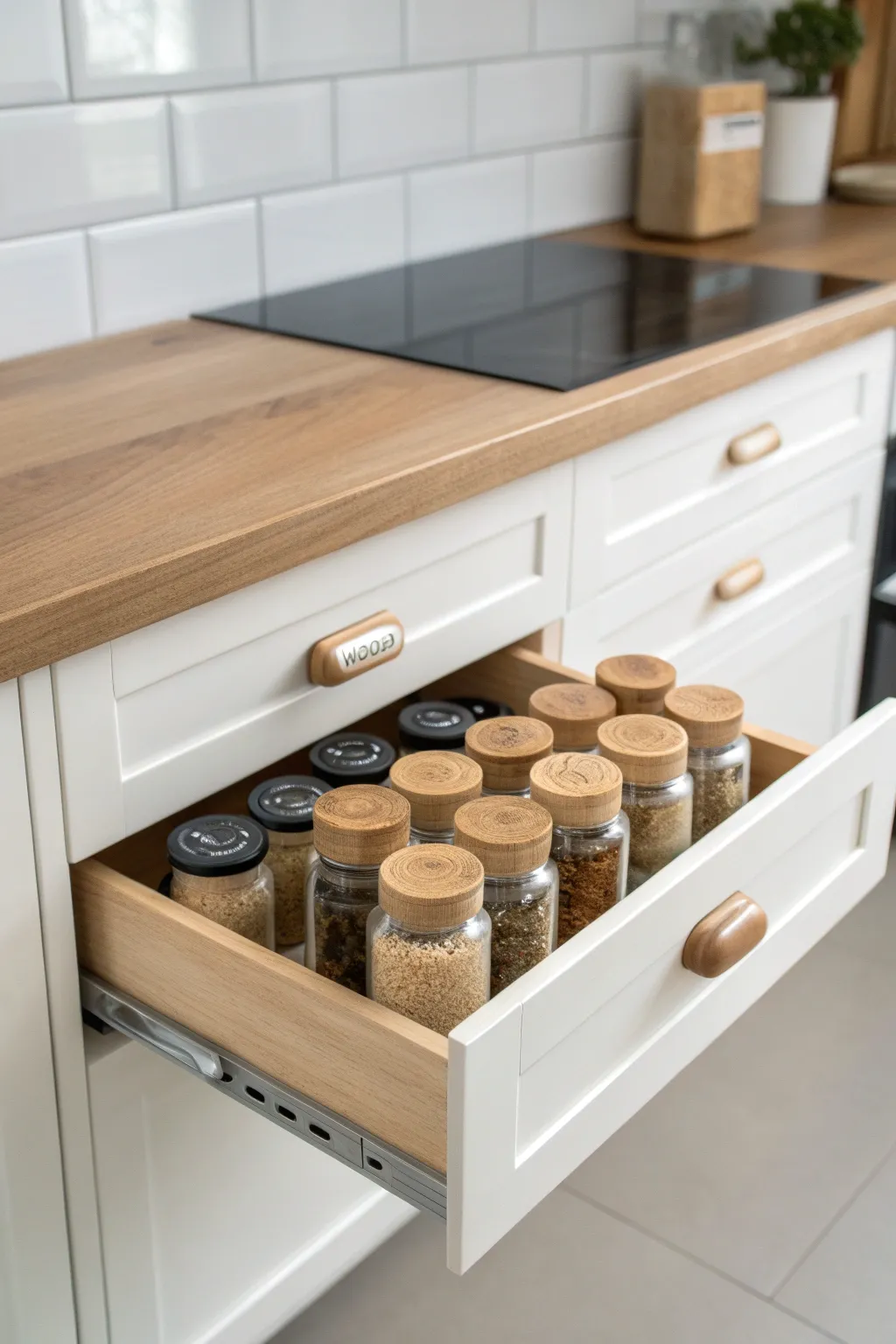 Transform your kitchen into an organized oasis with this stunning slide-out spice drawer. #MinimalistKitchen #ScandinavianDesign