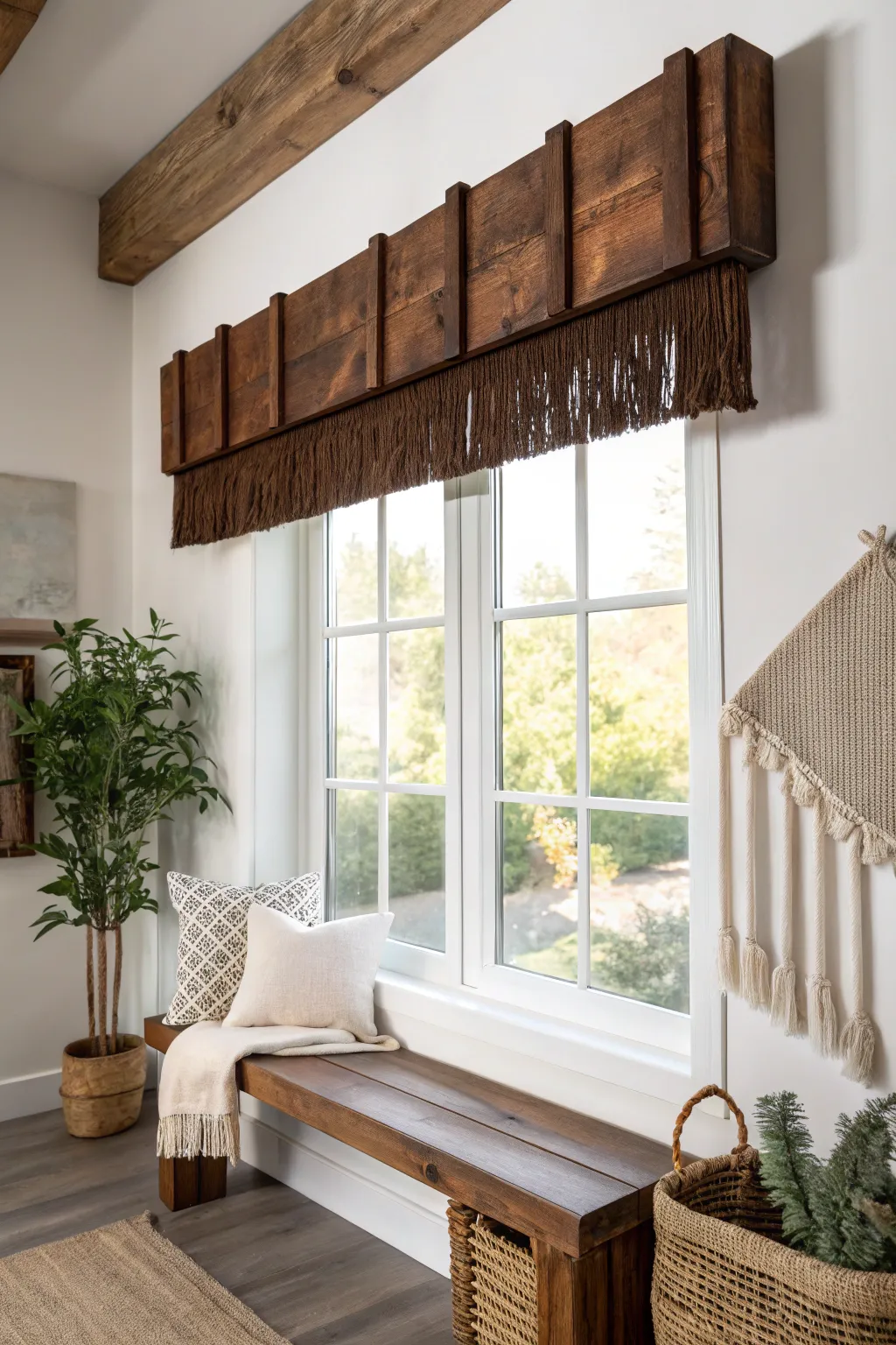 Elevate your space with the warmth and charm of a handcrafted rustic wooden valance.