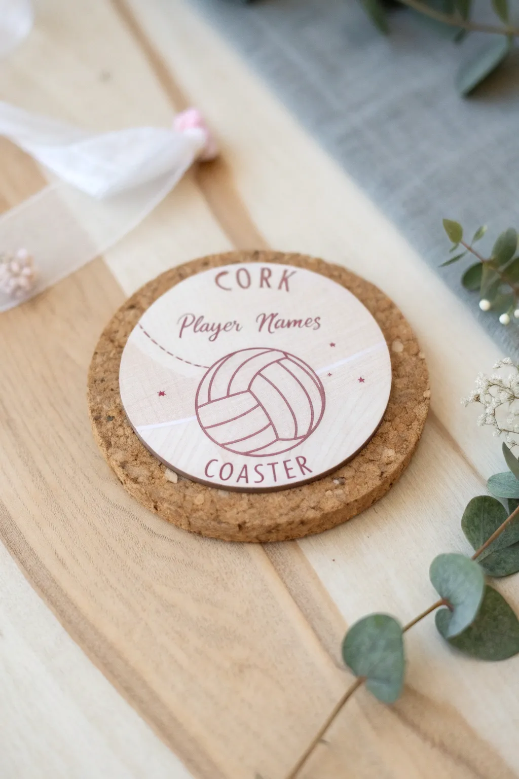 Elevate your team gatherings with personalized volleyball coasters that blend simplicity with a touch of natural beauty.