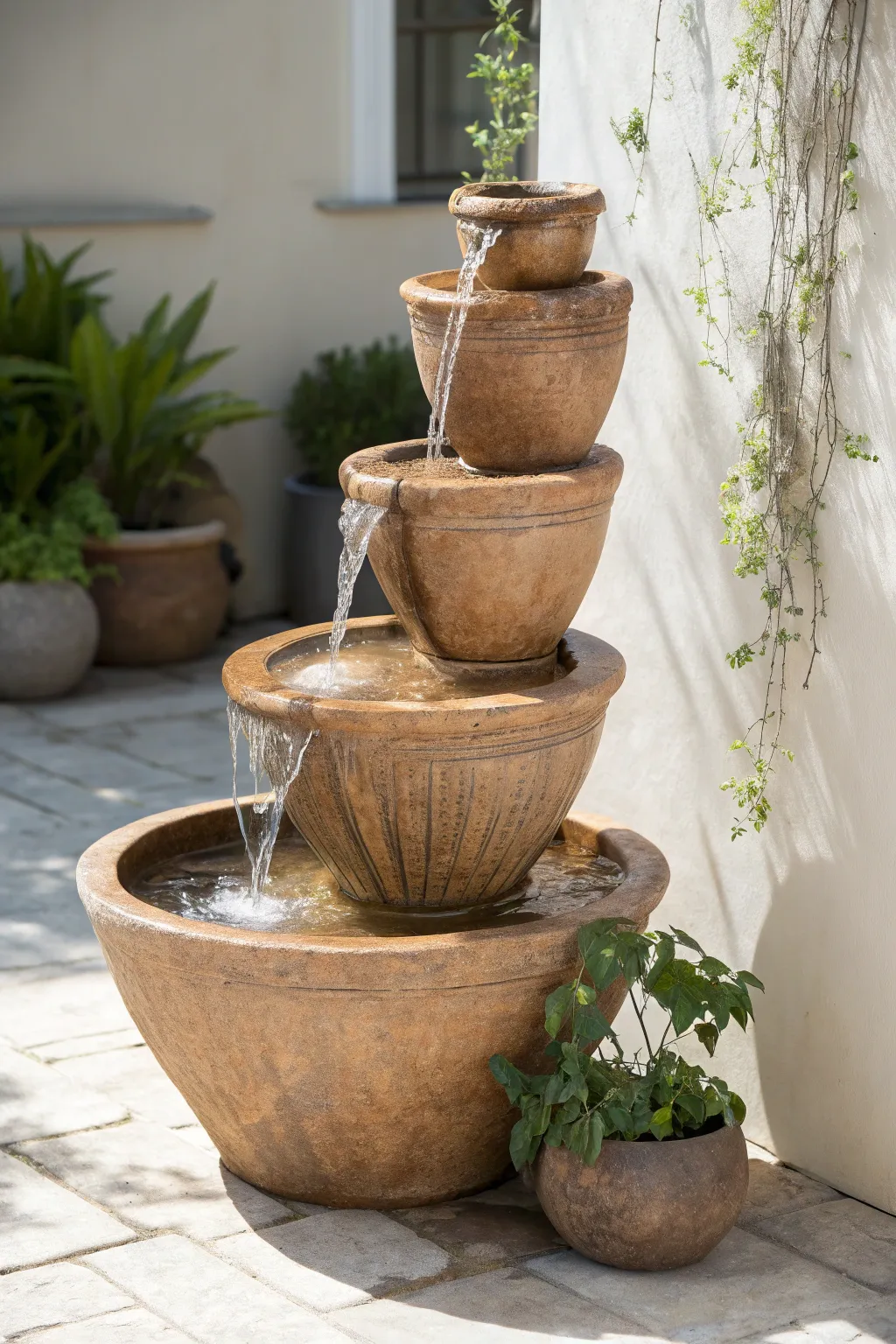 Embrace the soothing sounds of a DIY tiered terracotta fountain, where rustic charm meets minimalist elegance.