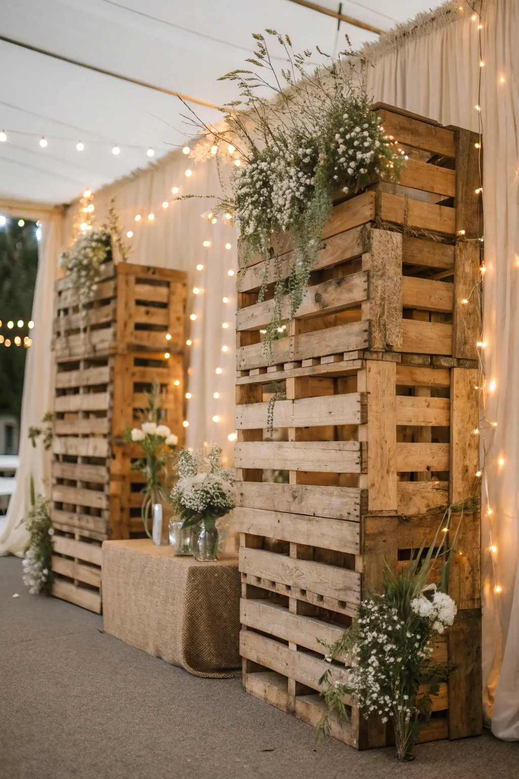 Create a cozy, rustic wedding backdrop with wooden pallets, fairy lights, and wildflowers for a touch of boho elegance.