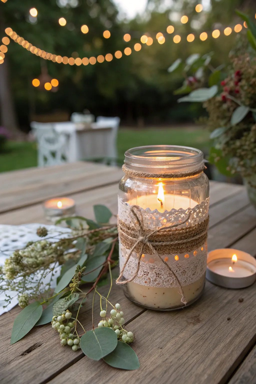 Illuminate your wedding with enchanting mason jar candle holders - a simple DIY touch that adds warmth and charm to any setting.