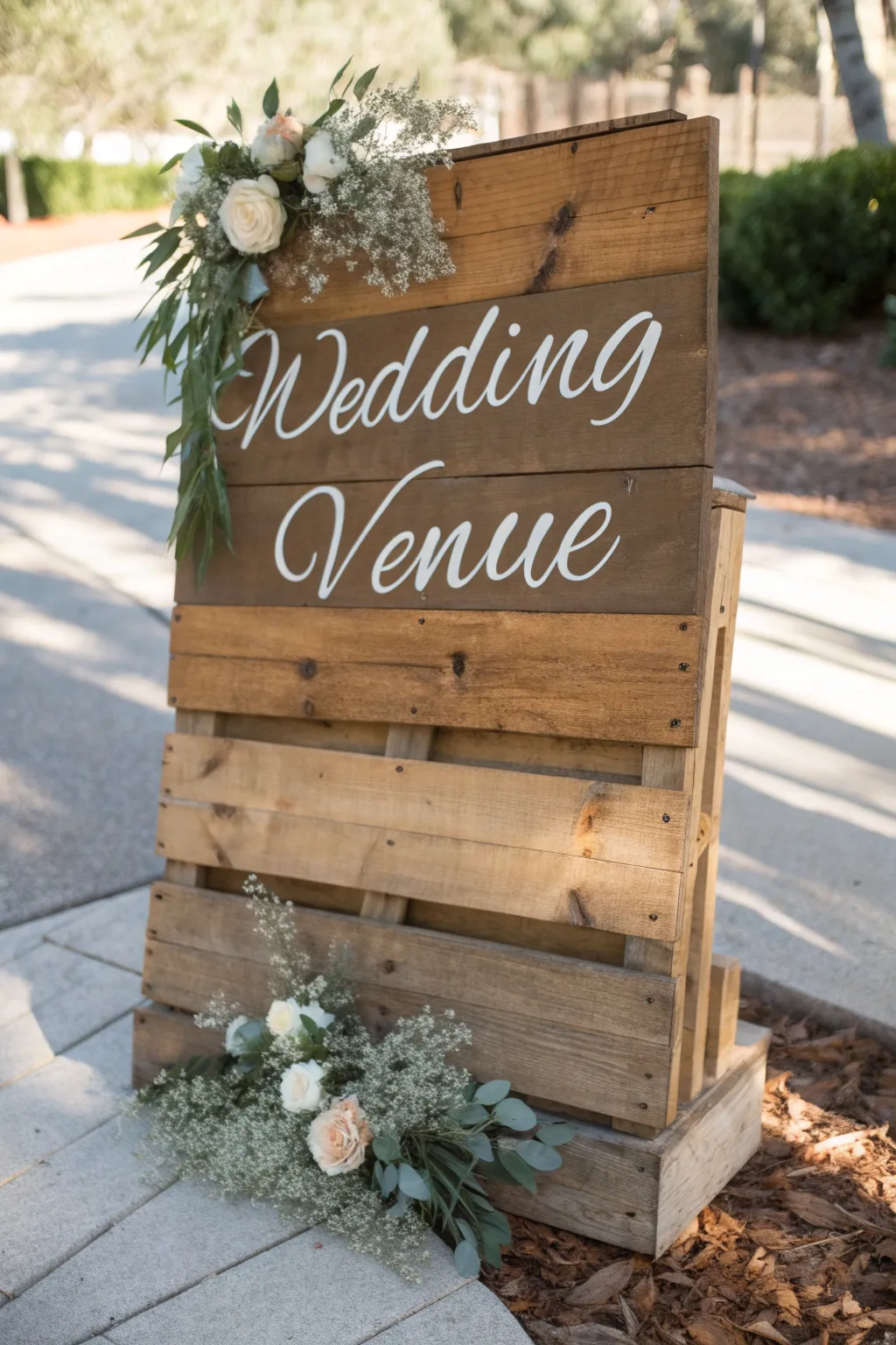 Guide your guests with style using chic rustic pallet signs that add a touch of boho elegance to your wedding venue.