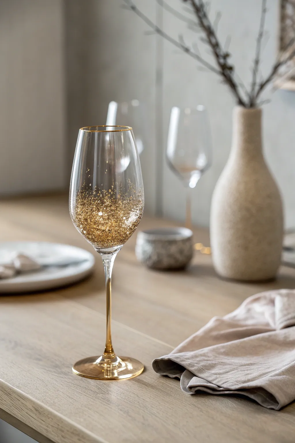 Elevate your table setting with a touch of sparkle—glitter-dipped wine glass stems for a chic, handcrafted look!