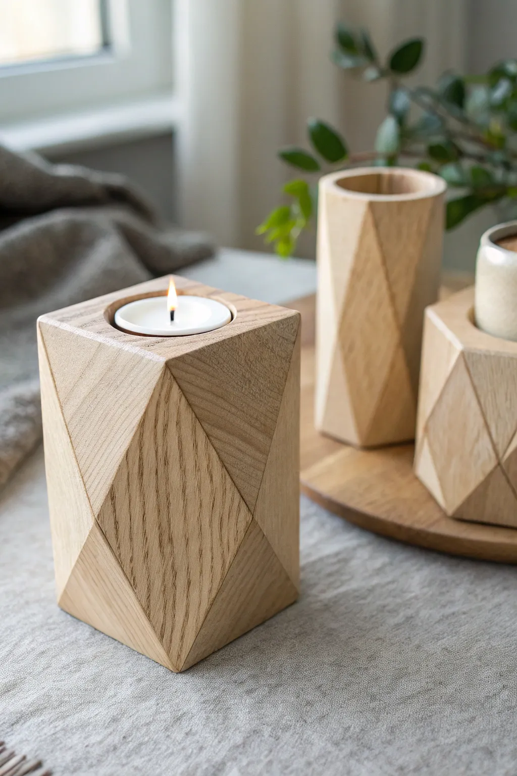 Embrace simplicity with this stunning geometric wooden candle holder, perfect for adding a touch of modern elegance to your space.