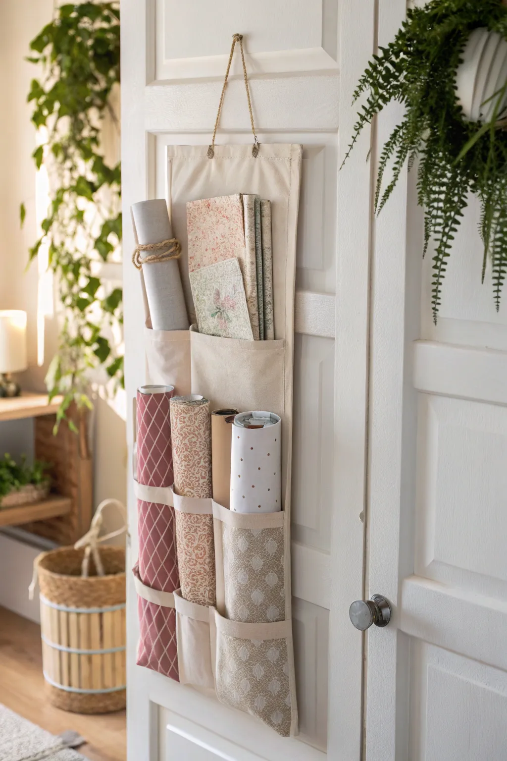Discover the art of organizing with minimalist elegance. Transform a shoe organizer into a chic wrapping paper haven.