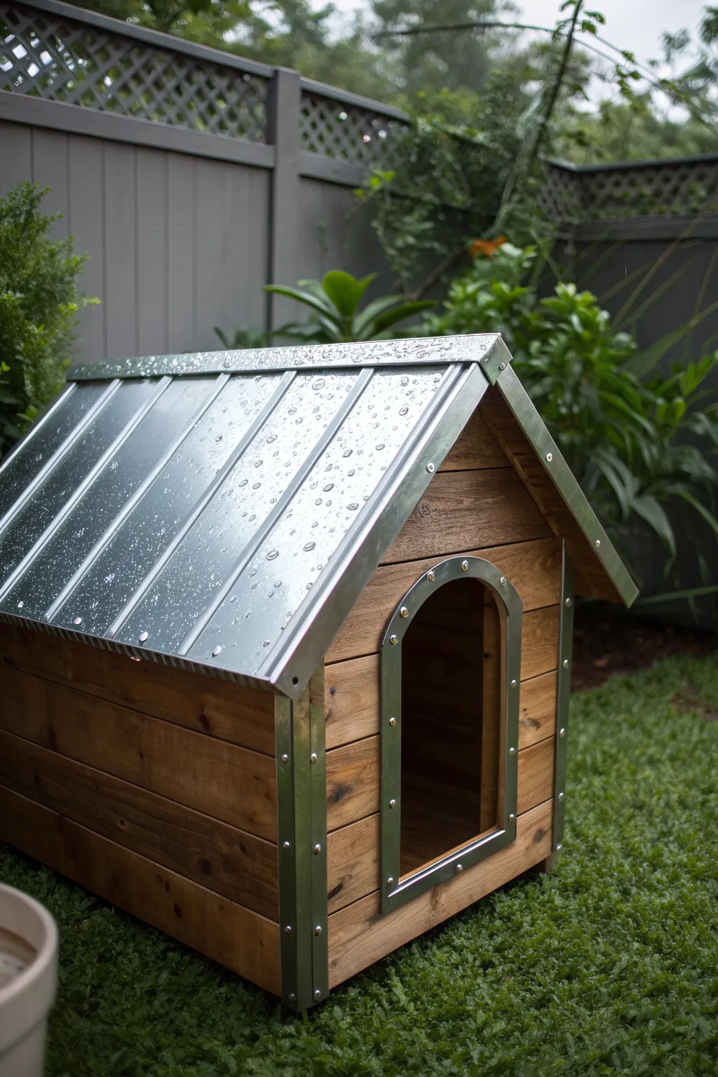 Sleek and resilient: a modern metal roof for your dog's stylish abode.