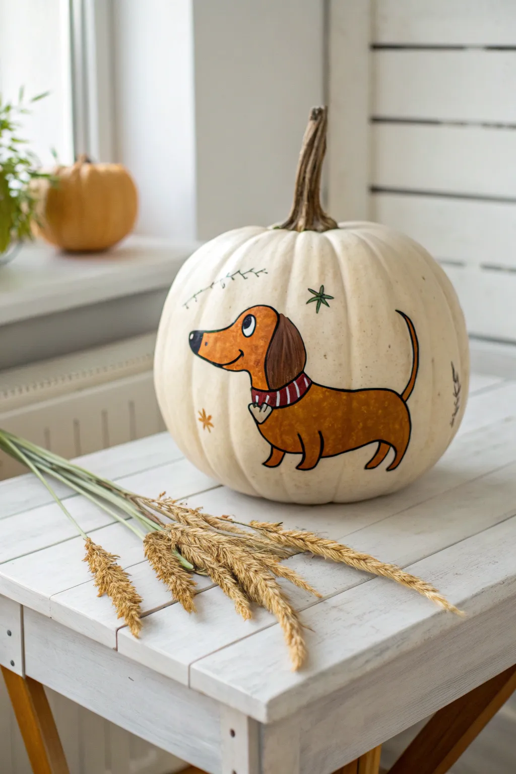 Bring playfulness to your autumn decor with this charming cartoon dachshund pumpkin!