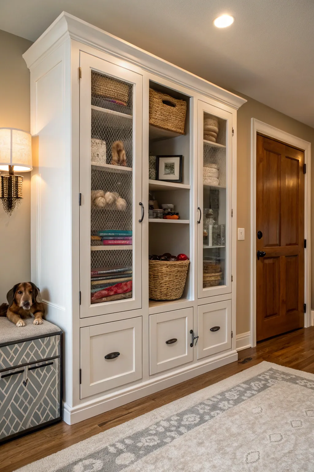 A chic cabinet that conceals dog supplies, keeping the space tidy and stylish.