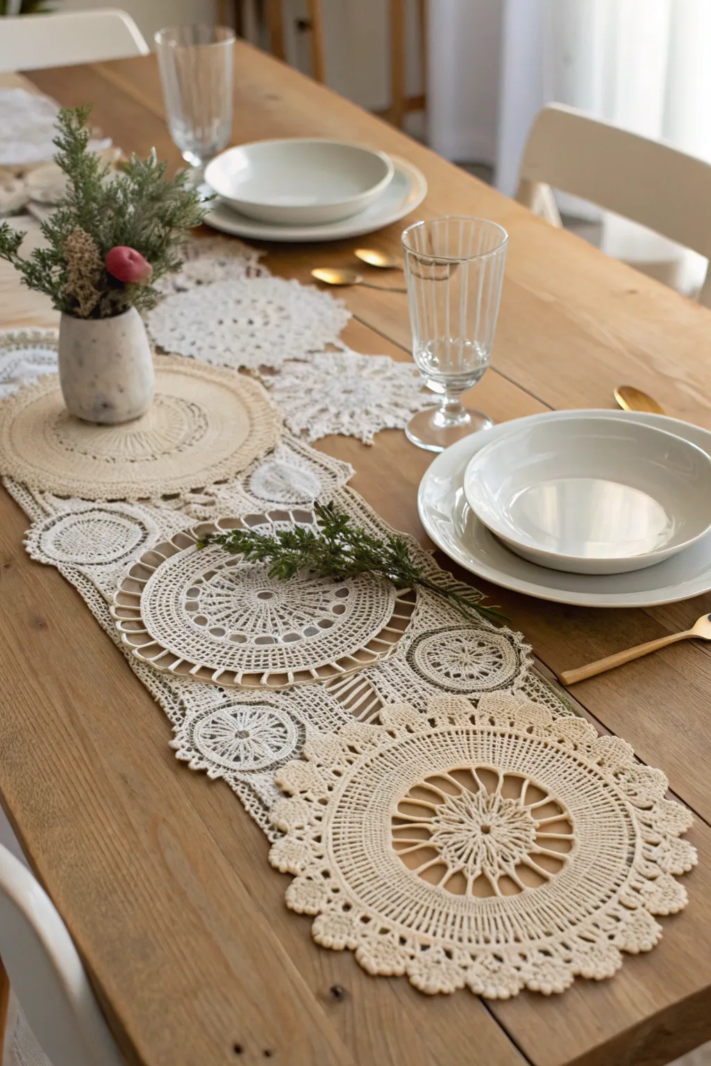 Elevate your dining experience with a handcrafted vintage doily table runner. Perfect for adding a touch of elegance and charm!