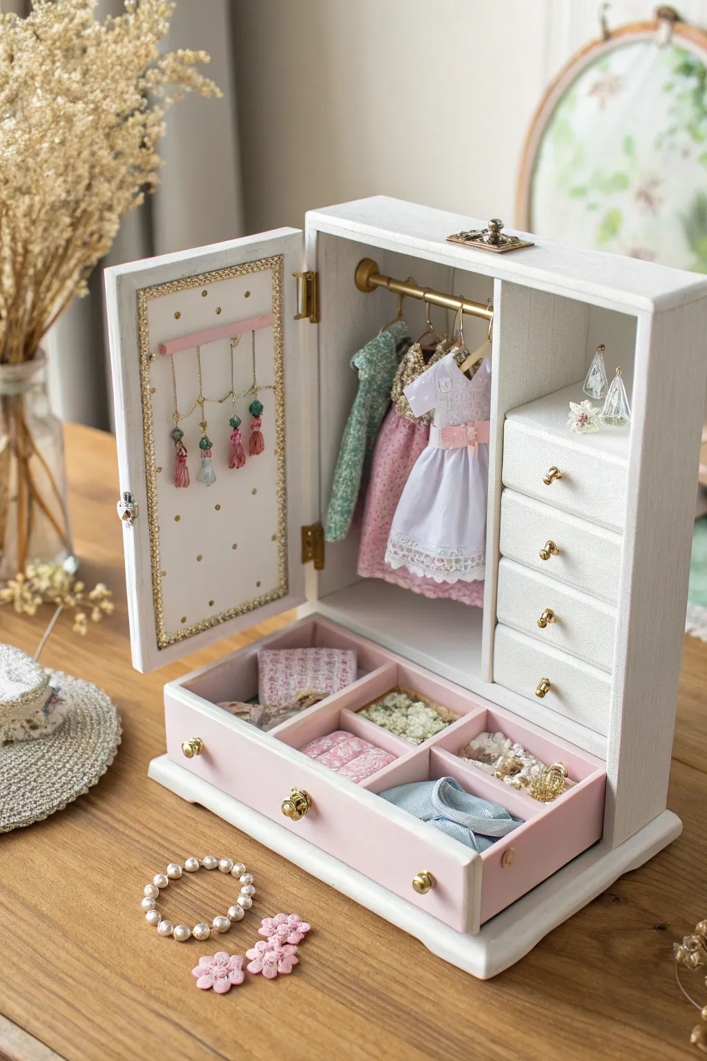 Transform vintage into vogue: A chic doll closet crafted from a jewelry box.