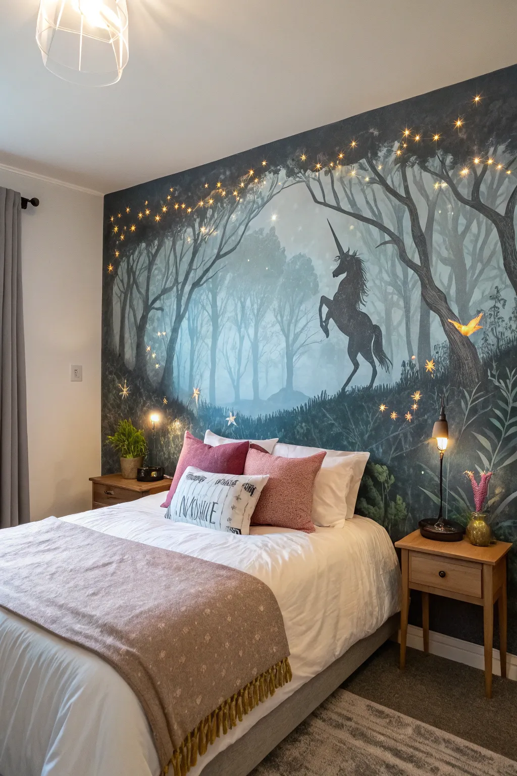 A fantasy-themed mural transforms a bedroom wall into an imaginative escape.