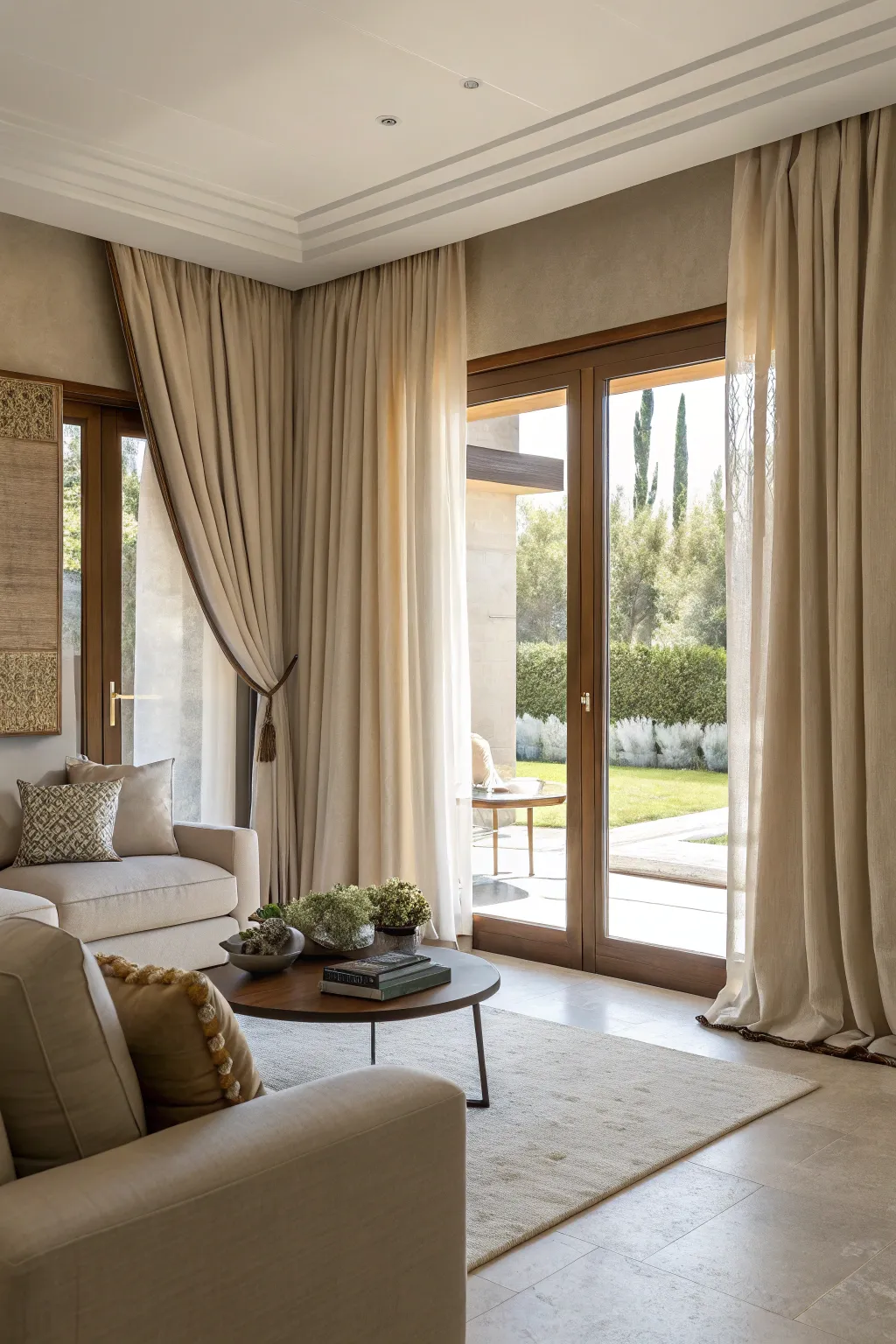 Neutral curtains for a timeless and elegant aesthetic.