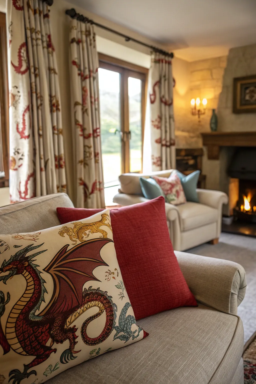 Textiles with dragon motifs add elegance to any room.