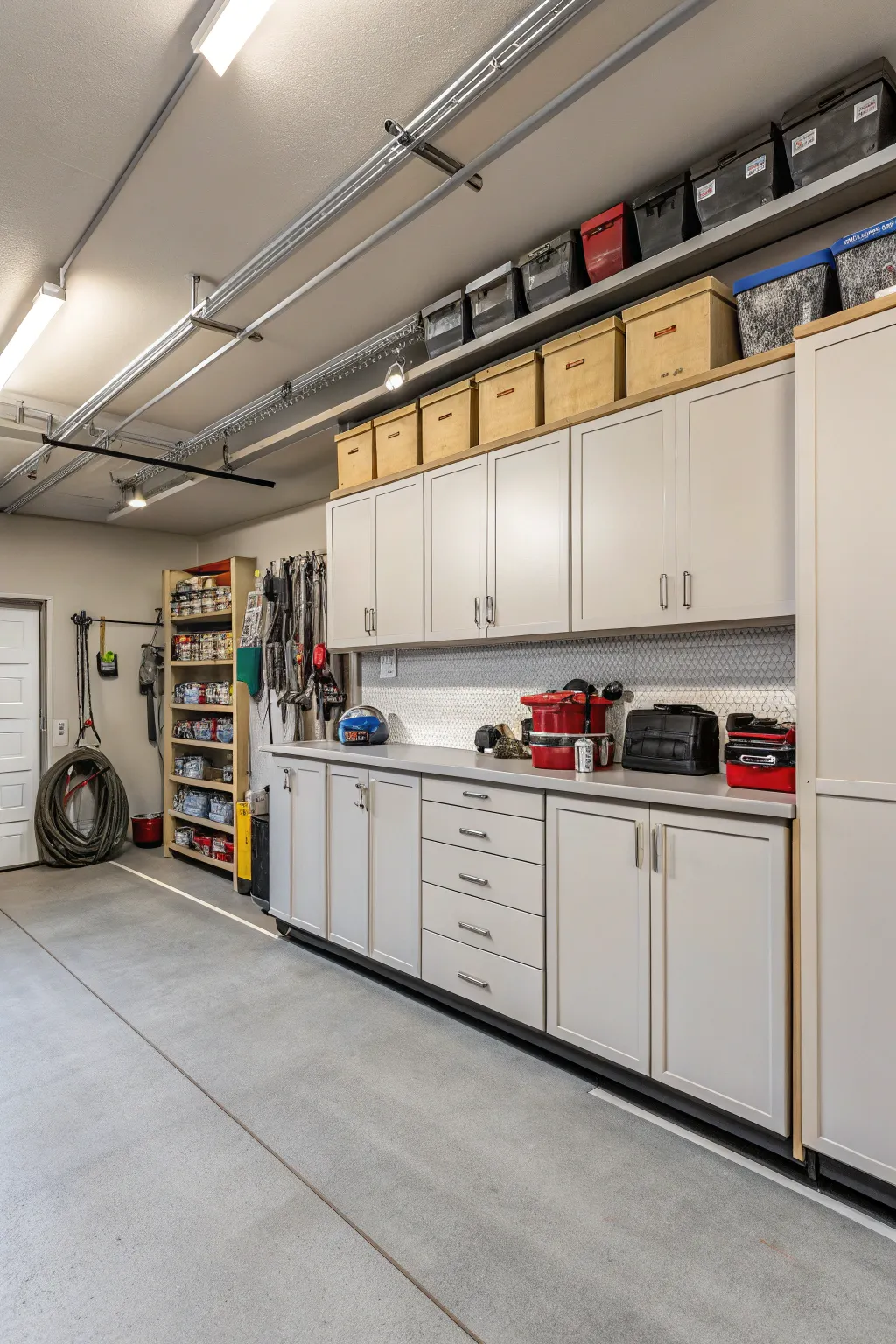 An organized garage with custom cabinets and overhead storage solutions.