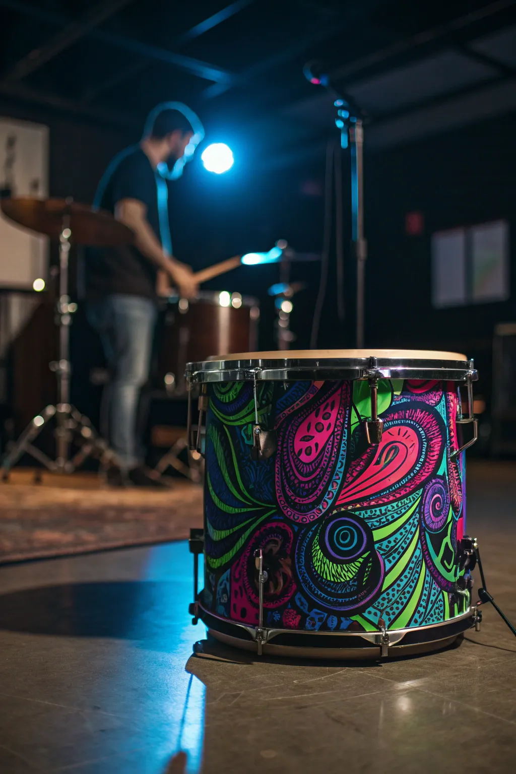 Immerse yourself in the vibrant world of psychedelic patterns with this captivating drum wrap.