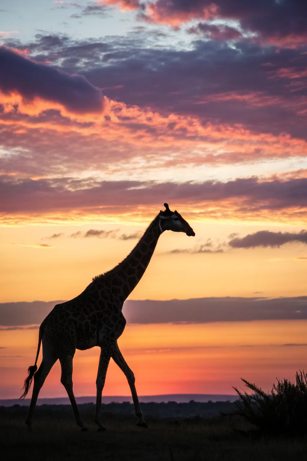 Embrace serenity with this minimalist giraffe silhouette at sunset, a perfect blend of simplicity and natural beauty.