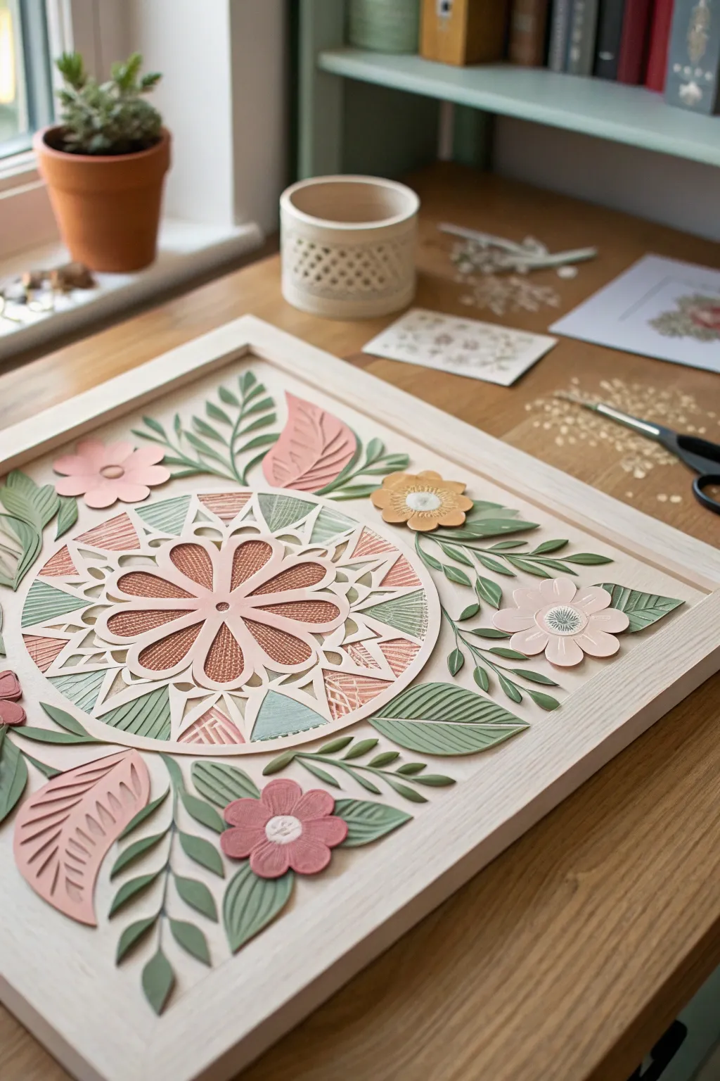 Discover the art of simplicity with a hand-cut paper collage that brings natural beauty and creativity to your space.
