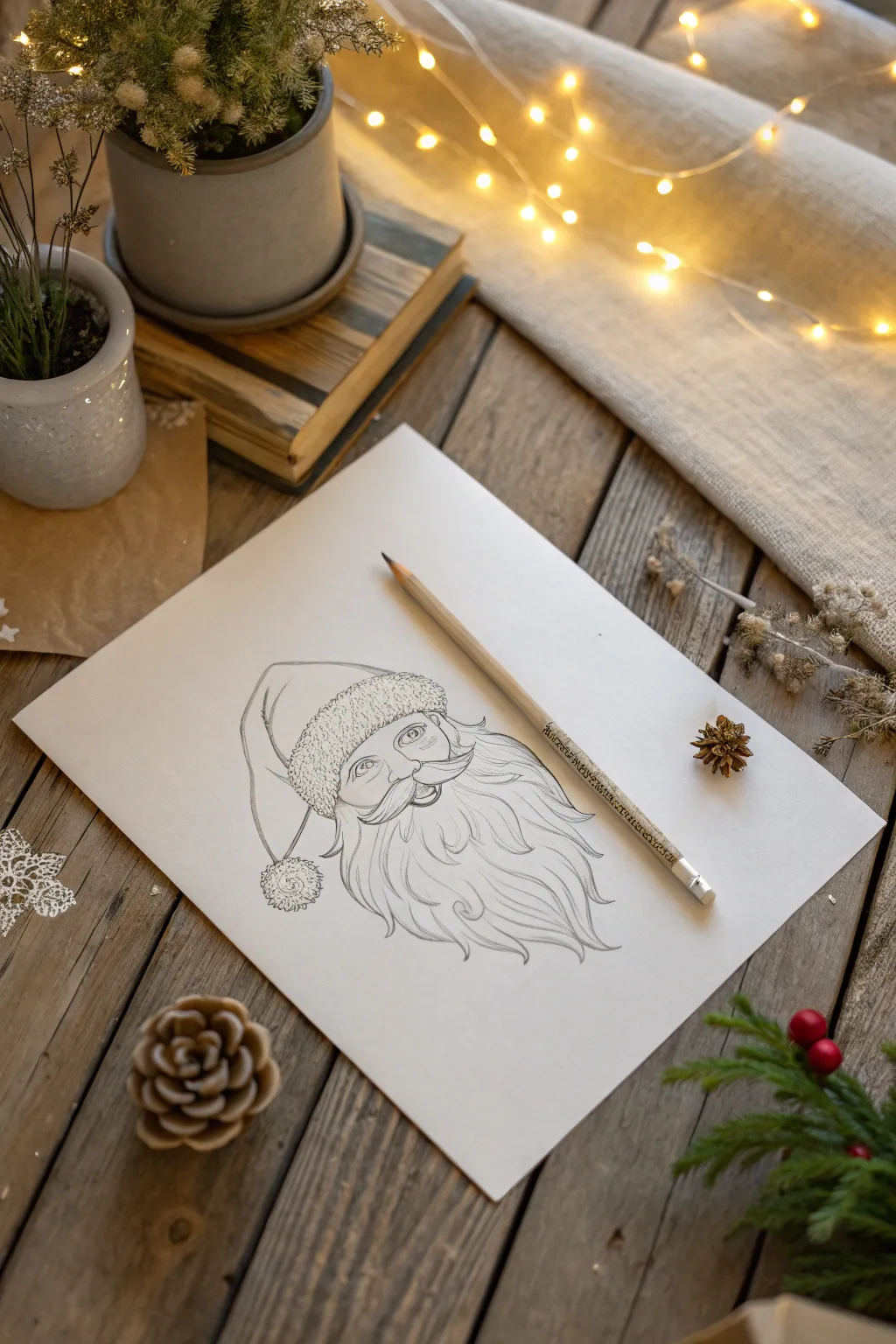 Capture the whimsical charm of Santa with a minimalist touch. Perfect for your festive sketches!