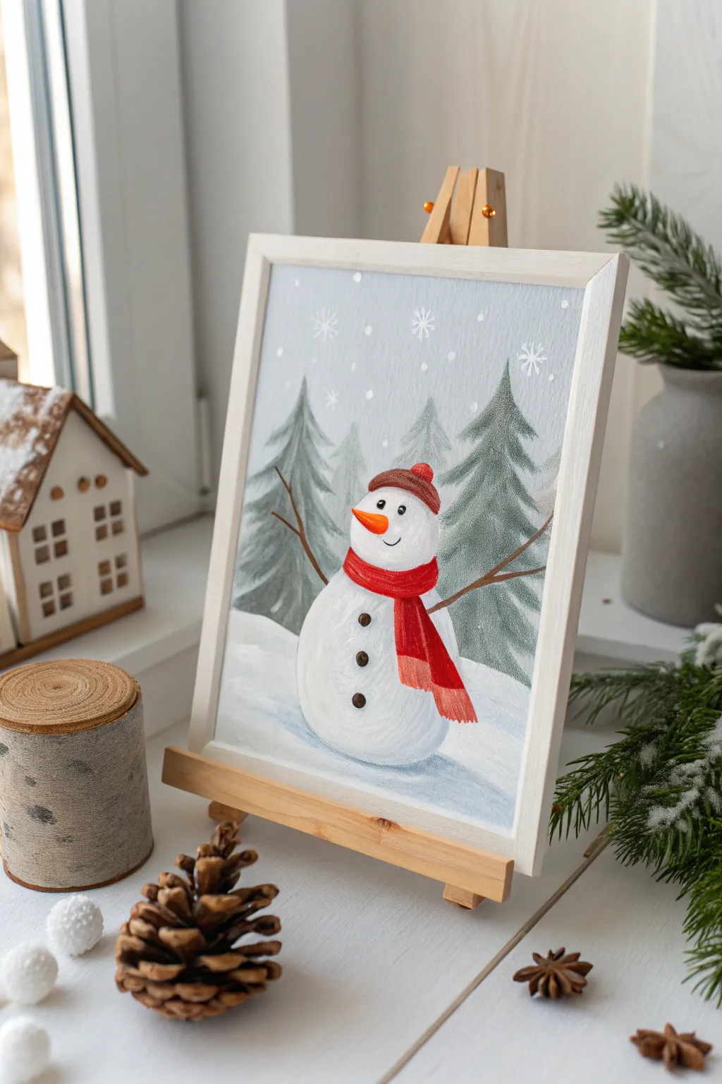 Celebrate the season with a cheerful snowman painting — simplicity and joy in every brushstroke.
