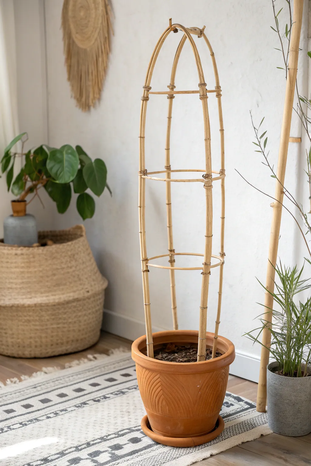 Elevate your plant styling with this charming bamboo hoop trellis, where simplicity meets natural elegance.
