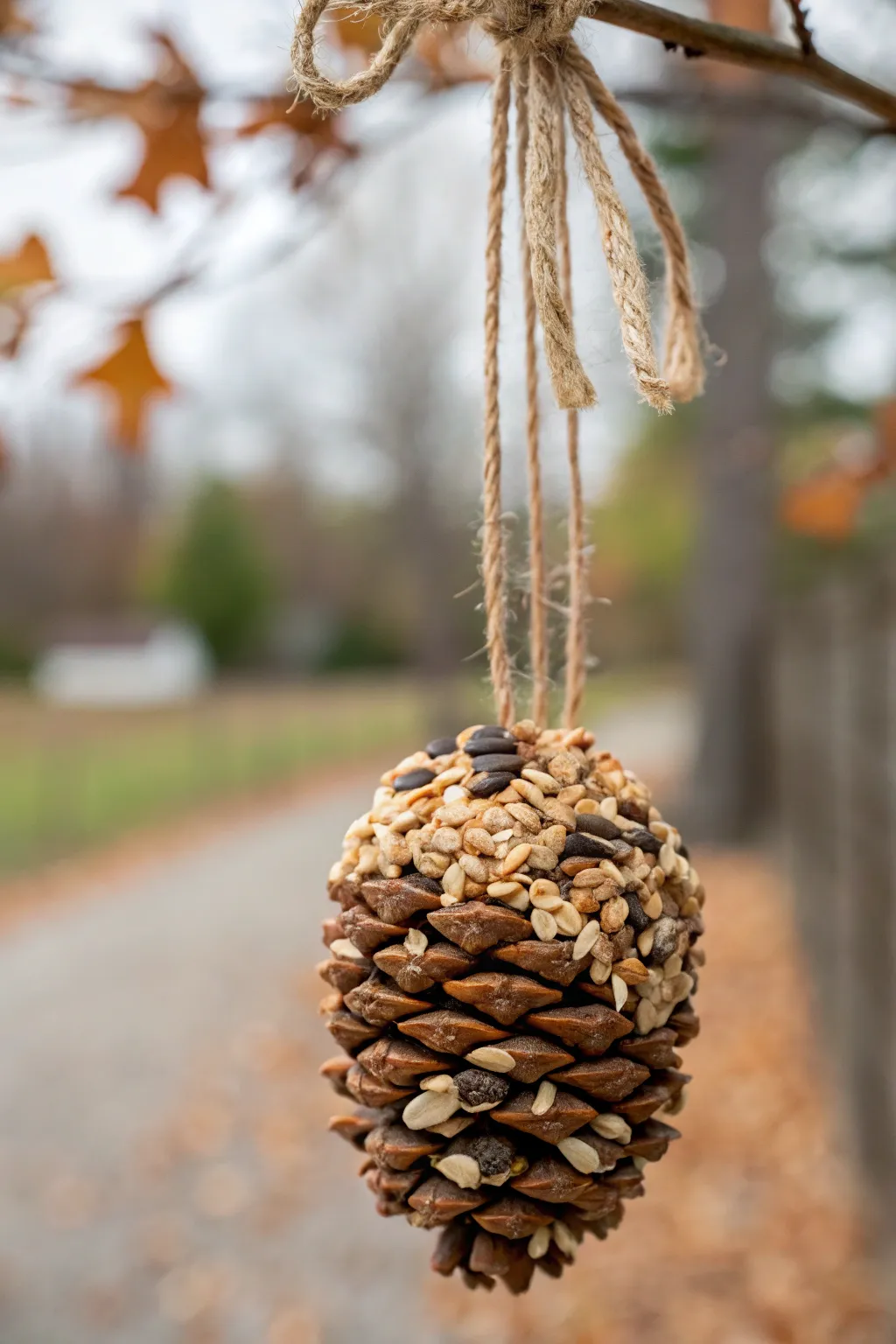 Crafted with love: a charming pinecone bird feeder to welcome autumn's feathered friends.