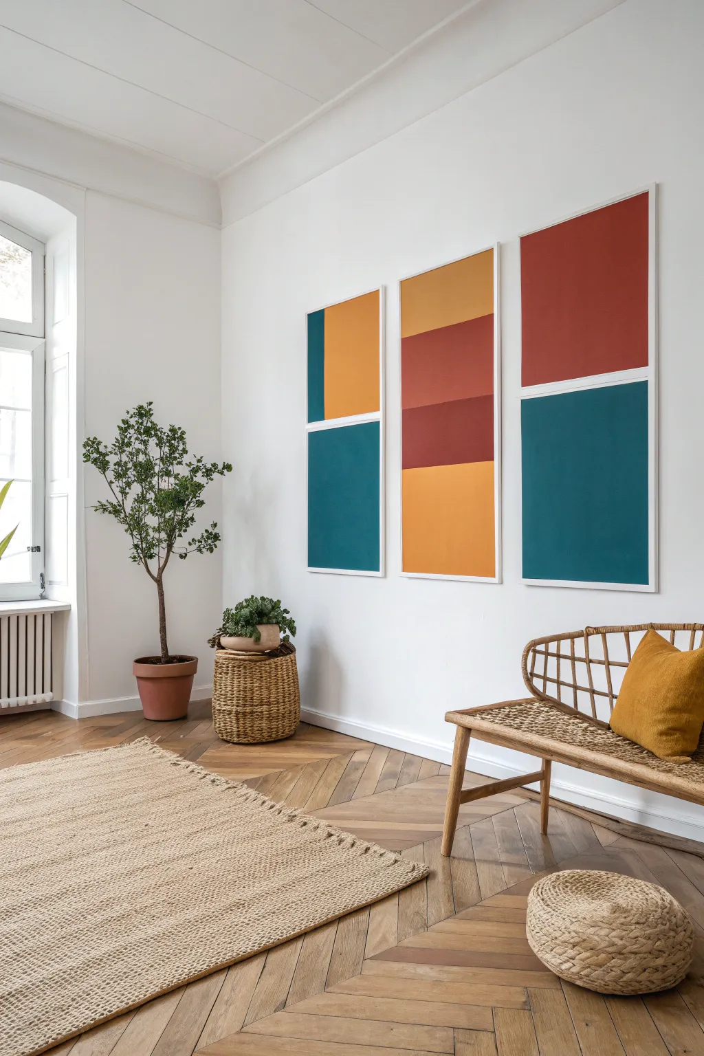 Transform your space with bold color blocks for a chic and modern Scandinavian-Boho vibe.
