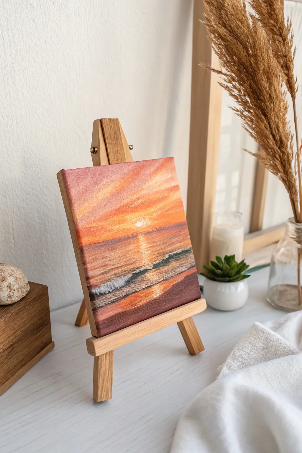 Capture the warmth of a serene ocean sunset with minimalist elegance.