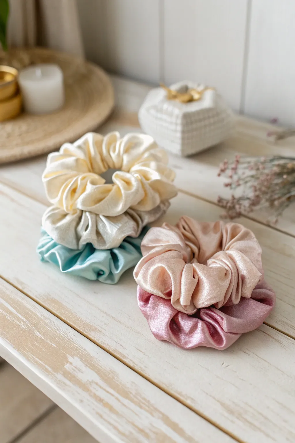 Add a touch of elegance to your style with these beautifully crafted scrunchies. Perfect for any occasion!