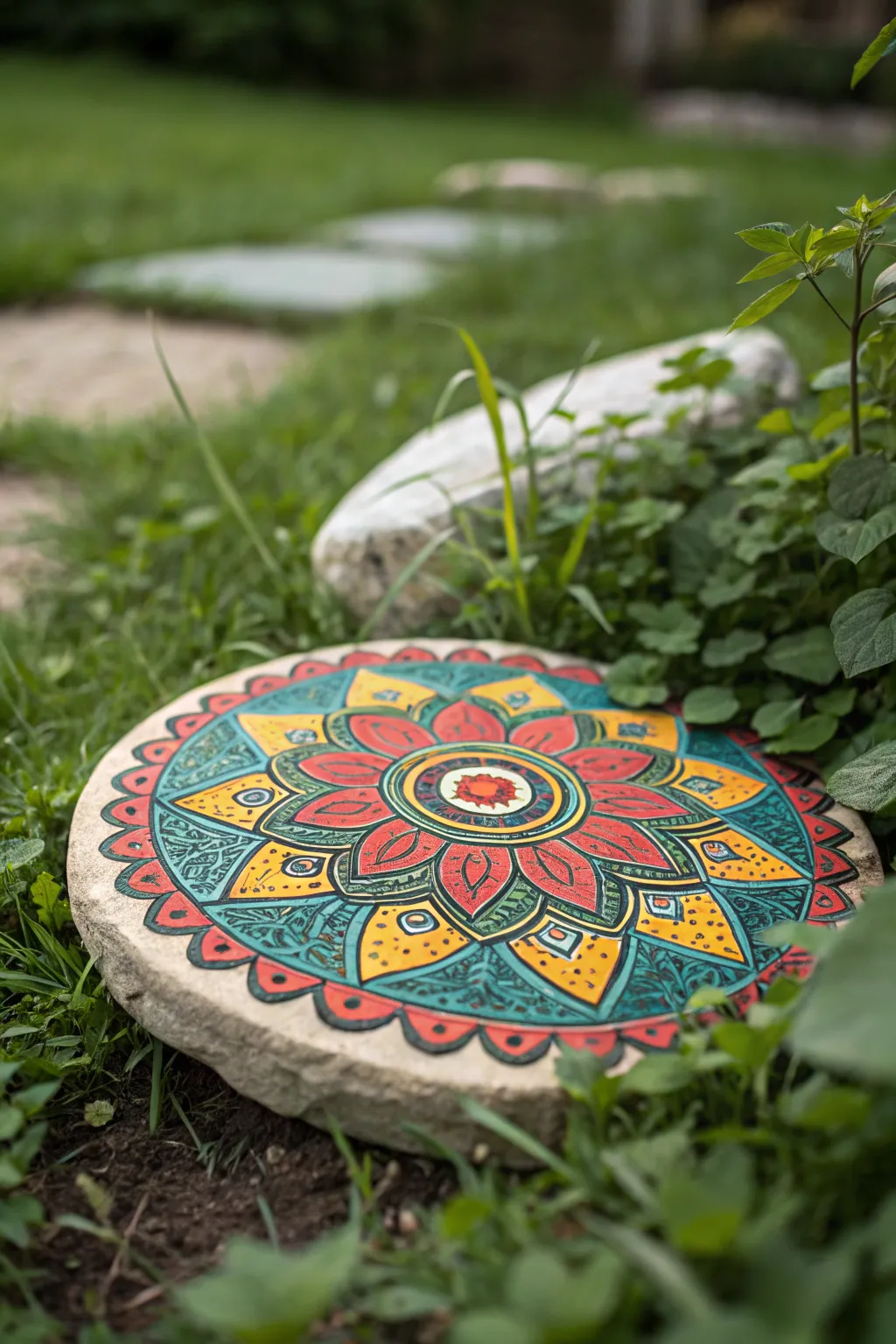 Transform your garden path into a serene art gallery with vibrant mandalas on stepping stones.