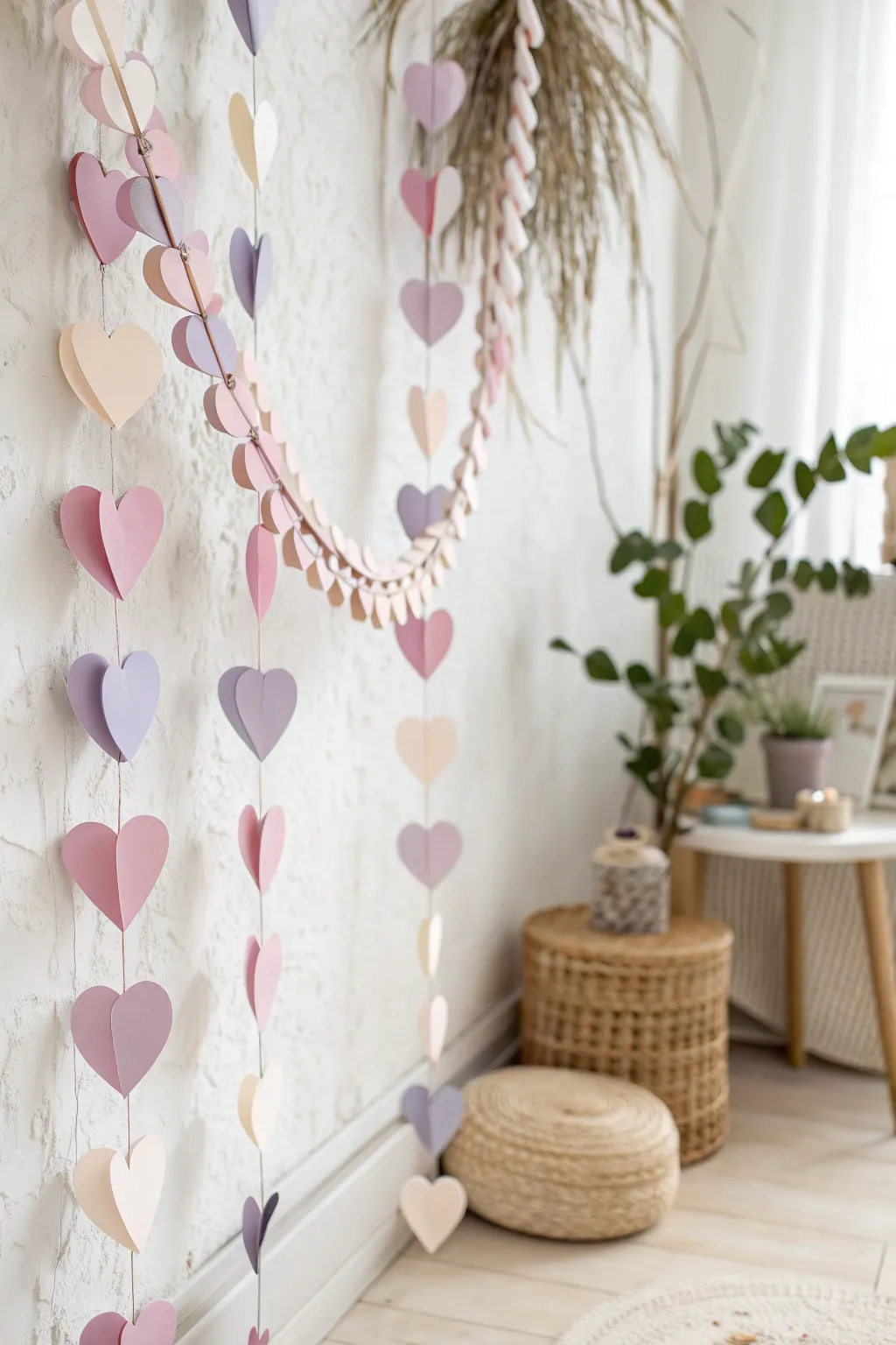 Add a touch of love to your space with a charming paper heart garland, perfect for celebrating Valentine's Day with a minimalist and boho twist.