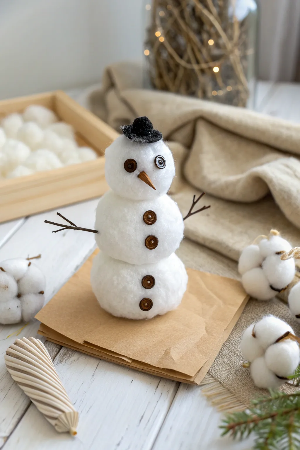 Embrace winter's charm with this adorable DIY cotton ball snowman - a perfect blend of simplicity and Scandinavian elegance!