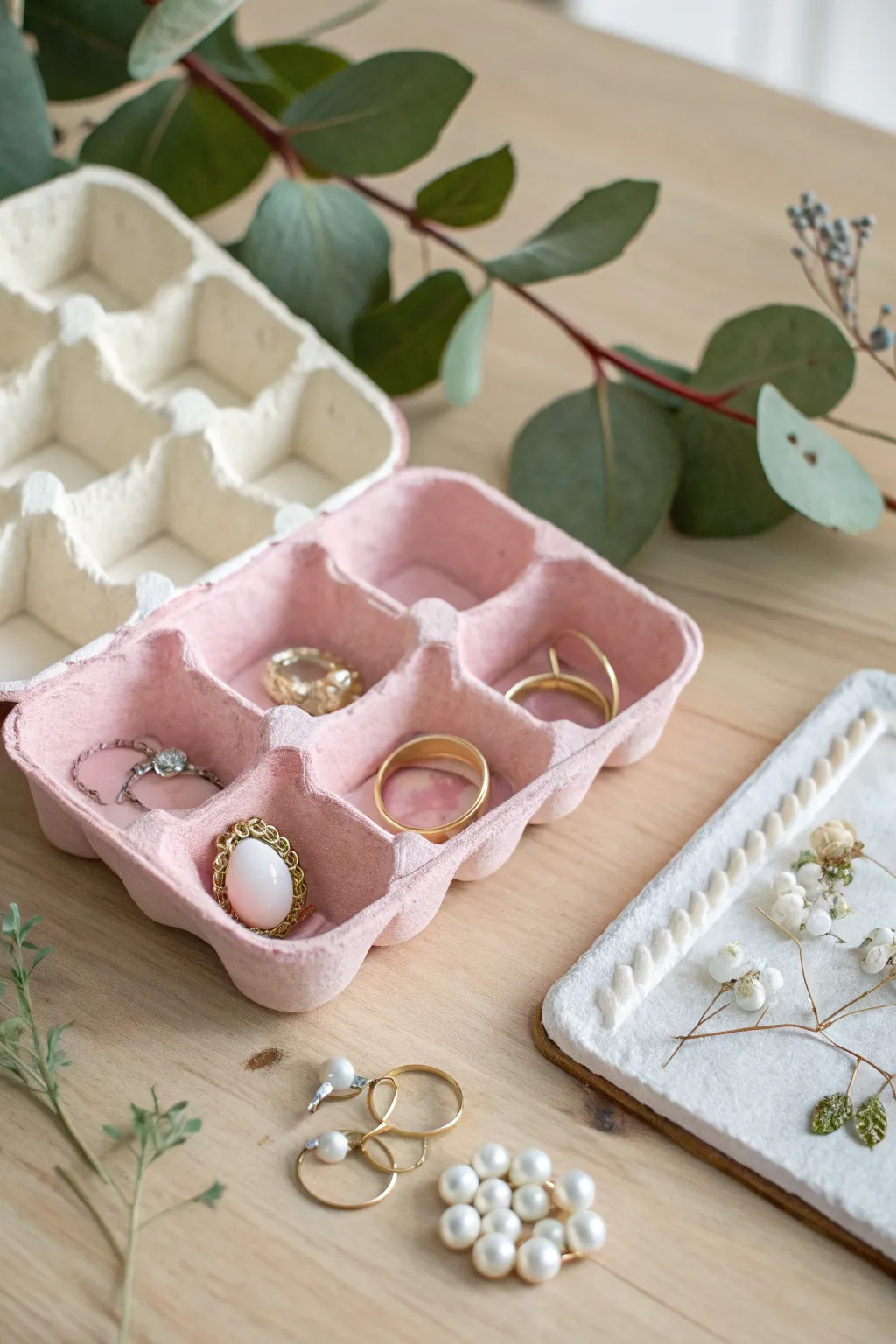 Transform your egg carton into a chic jewelry organizer that combines minimalist style with boho flair.
