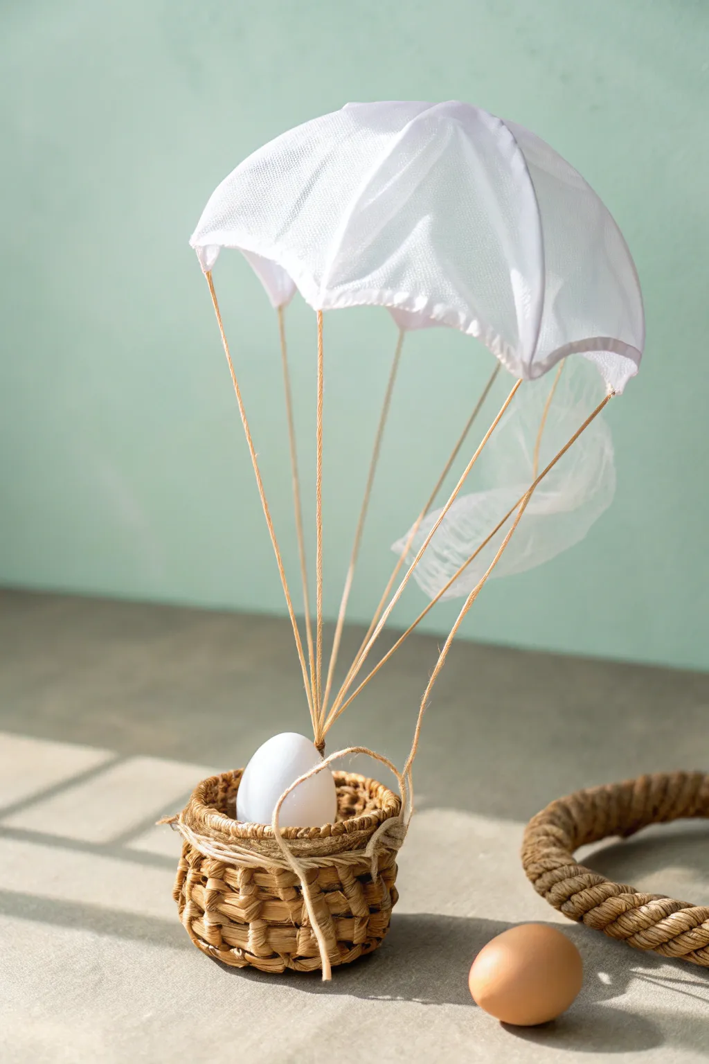 Discover the beauty in simplicity with a handcrafted plastic bag parachute, perfect for a gentle egg descent.