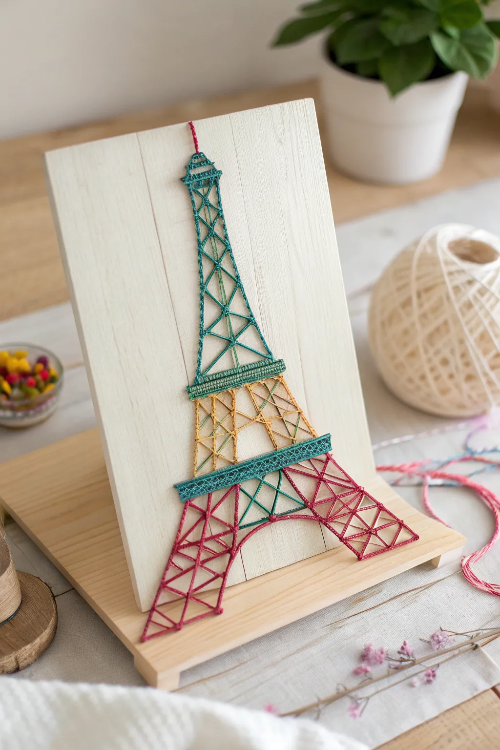 Capture the elegance of Paris with a touch of colorful craftsmanship. This Eiffel Tower string art brings minimalist charm to any space.