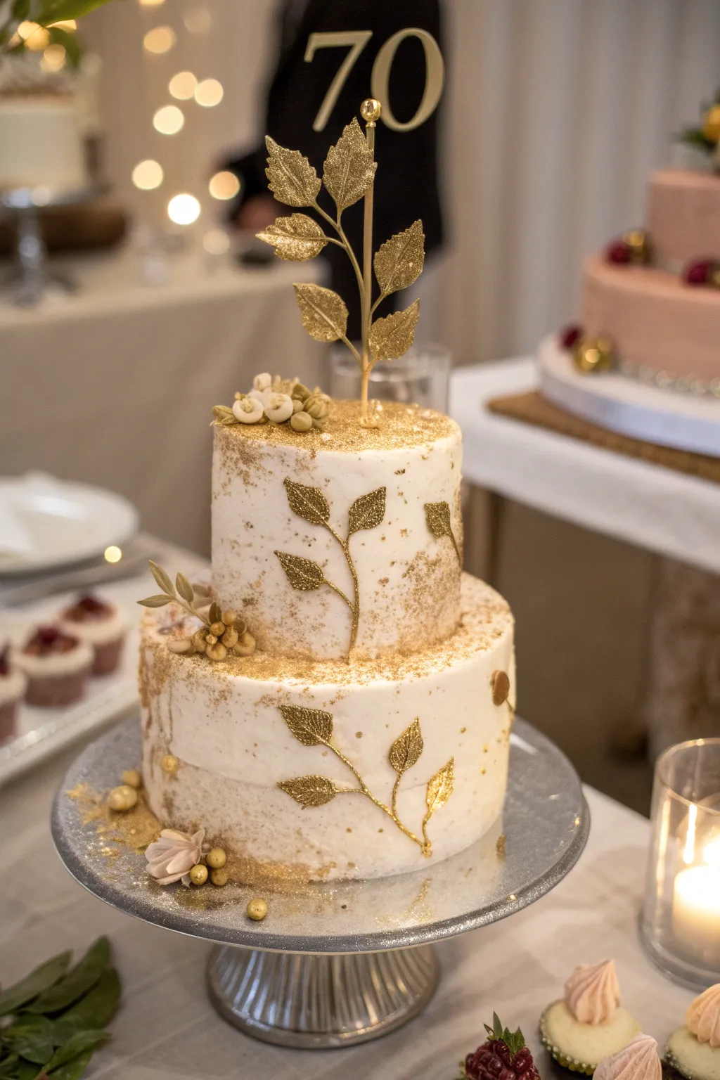 A luxurious cake featuring gold accents and a shimmering '70' topper.