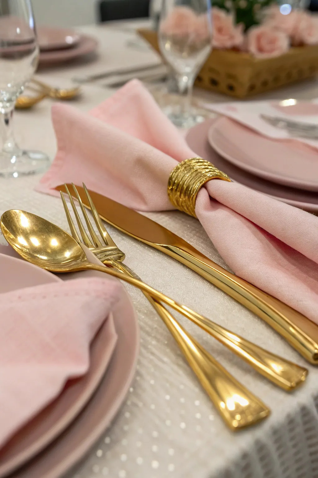 Gold cutlery adds a luxurious touch to the table setting.